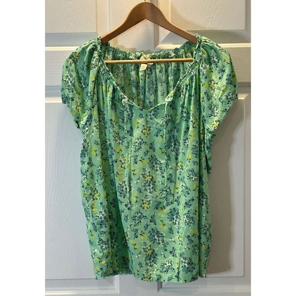 St Johns Bay Peasant Shirt Top Sz PXL Green Floral Short Sleeve Tie Neck Womens
